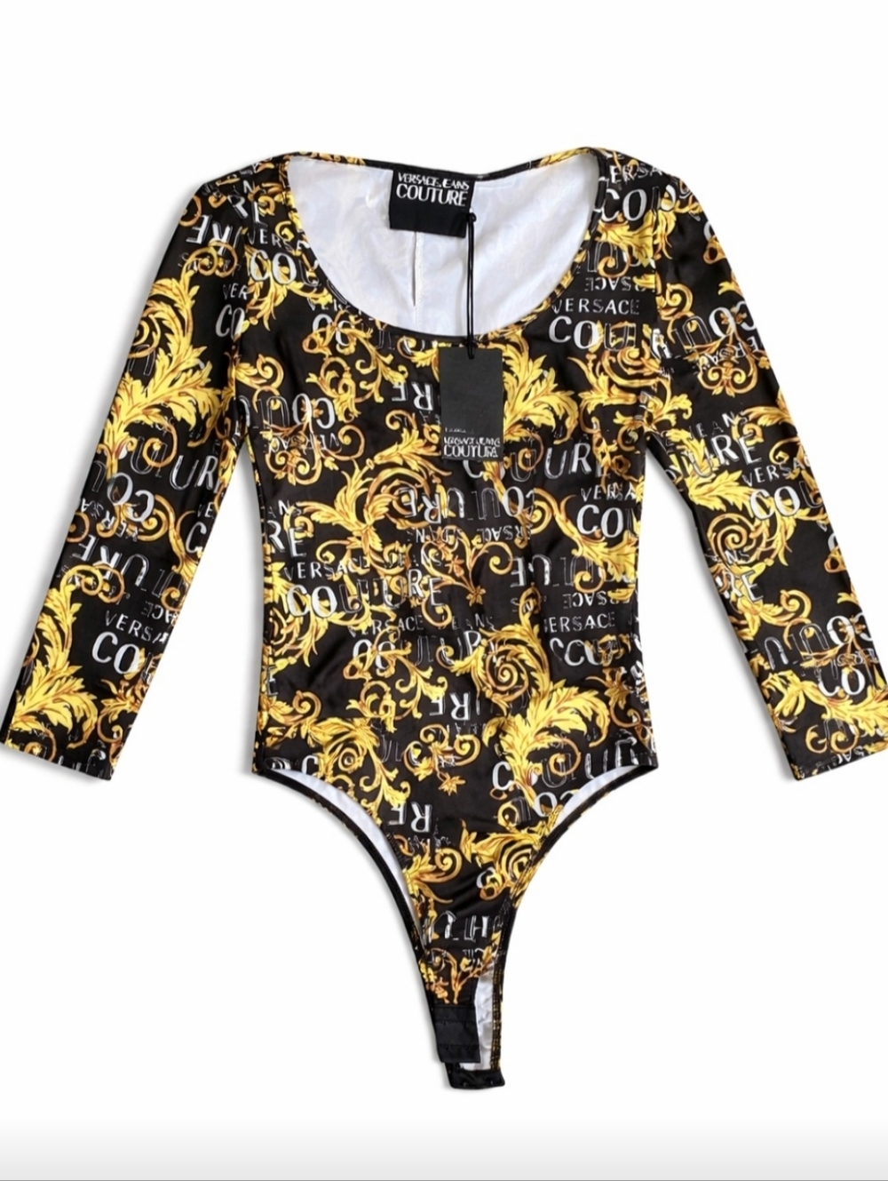 Versace Jeans Collection Black & Gold Baroque Long-Sleeve Bodysuit